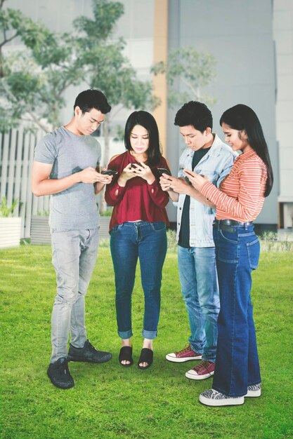 Four young people use mobile phone in the park