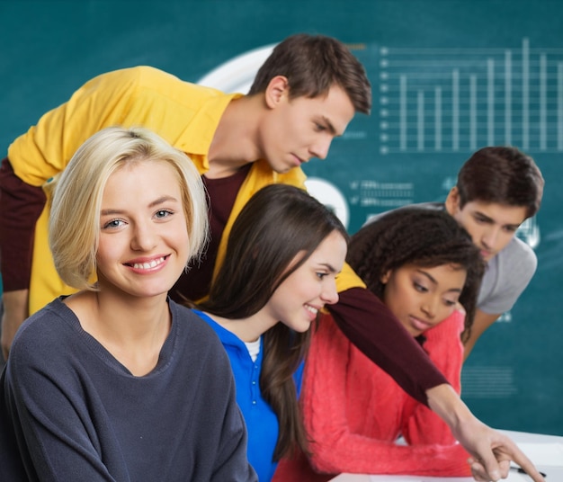 Four Young students studying subject on background