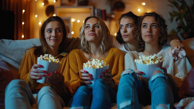 Four young women are sitting on a couch and watching a movie They are all eating popcorn and enjoying the movie