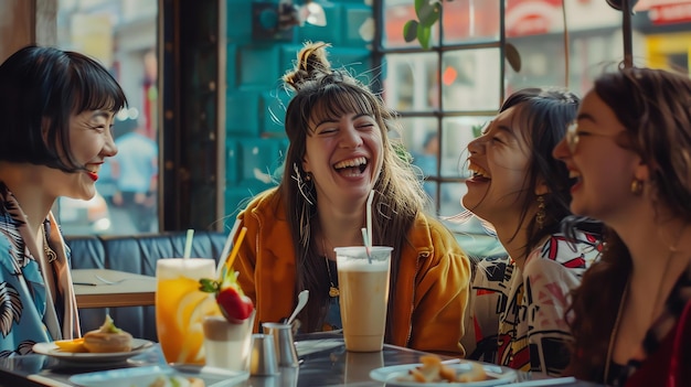 Photo four young women are sitting at a table in a cafe laughing and talking