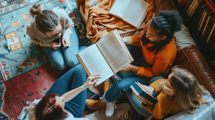 Photo four young women sitting on the floor in a living room reading books and studying together