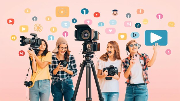 Four young women with cameras and headphones are posing in front of a pink background They are surrounded by social media icons