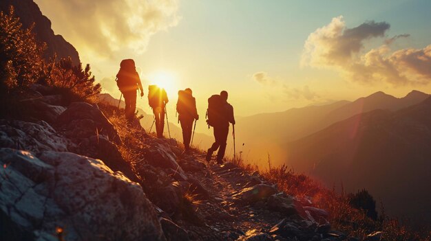 Photo four youthful adventurers with knapsacks trek through the mountains during sunset