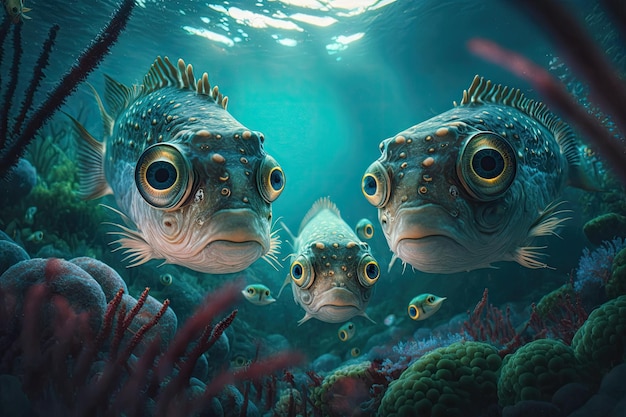 Четырехглазая рыба Подводная буйная природа от генеративного ИИ