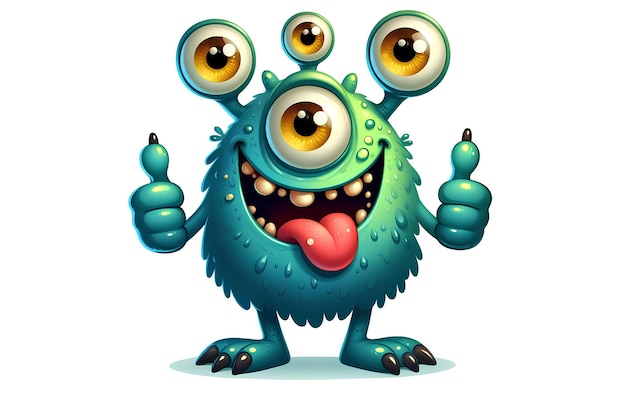 Photo foureyed green monster character on white background with ok thumbs up pose