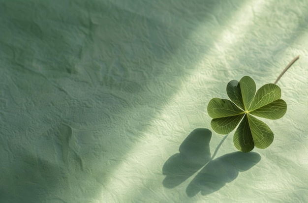 Fourleaf clover casting a shadow on a textured green surface