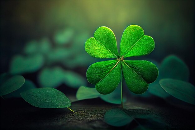 Fourleaf green clover for good luck on St Patrick's Day bright green background holiday concept of spring plant clover symbol Generative AI