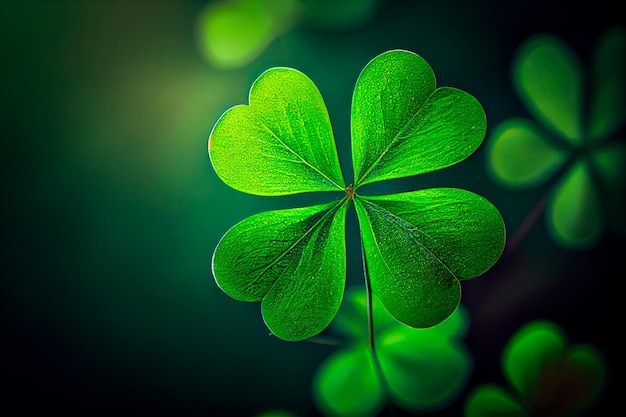 Fourleaf groene klaver voor goed geluk op St Patrick's Day helder groene achtergrond vakantie concept van lente plant klaver symbool generatieve AI