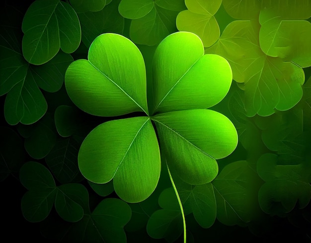 Fourleaf realistic lucky clover leaf on dark background Art illustration Generative Ai