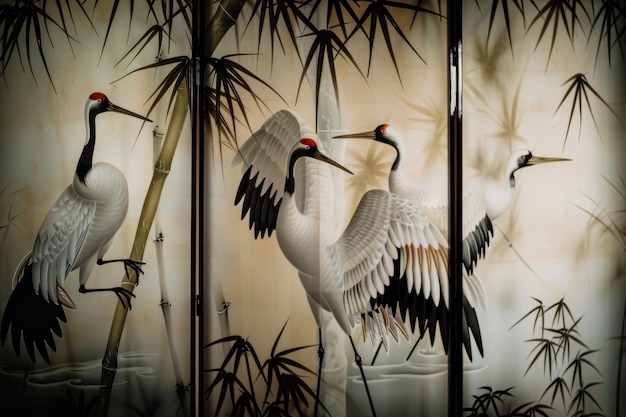 Photo a fourpanel screen with bamboo and cranes the elegant birds stand amidst the foliage their wings outstretched