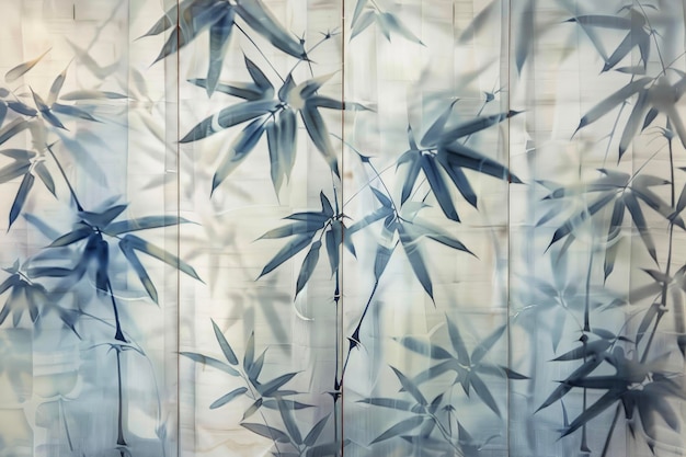 A fourpanel screen with delicate bamboo leaves Each leaf is meticulously painted capturing its veins and subtle variations