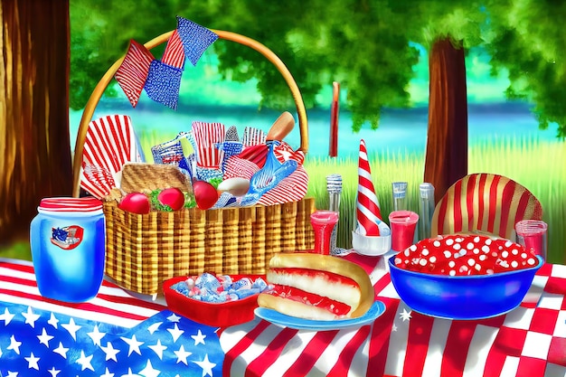 Fourth of July picnic with red white and blue decorations Generative Ai