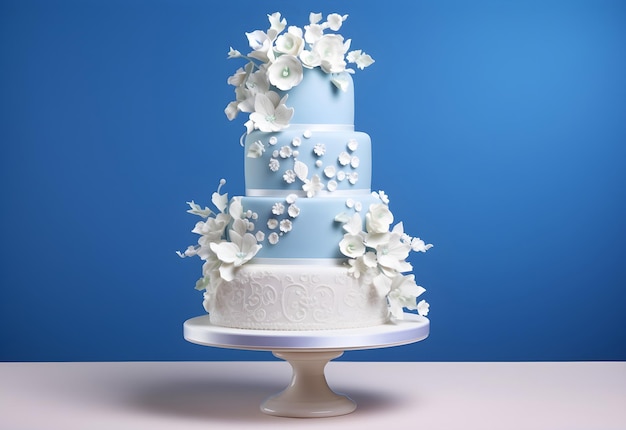 Fourtier festive white cake decorated with flowers on a blue background