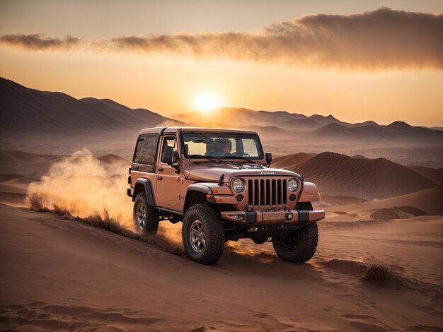 A fourwheel drive jeep in desert