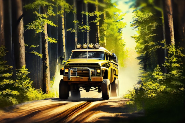 Fourwheel drive truck speeding past towering trees on narrow forest road