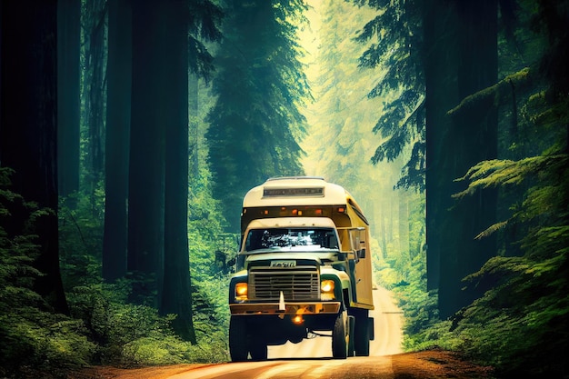 좁은 숲길에서 우뚝 솟은 나무를 지나 속도를 내는 사륜구동 트럭