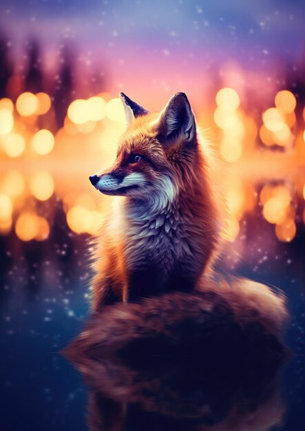 Fox animal with bokeh dark sunset background night colorful nature Generative Ai