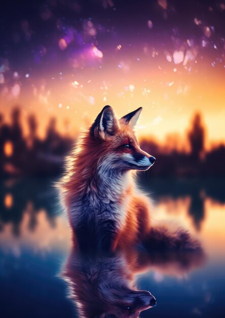 Fox animal with bokeh dark sunset background night colorful nature Generative Ai