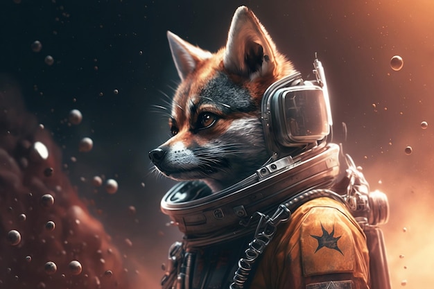 A fox astronaut in space with a space suit on his head.