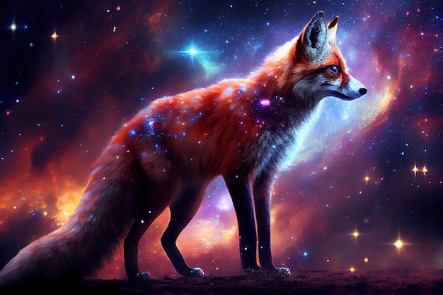 Fox on the background of space double exposure of fox and stars Generative AI