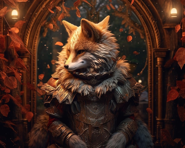 A fox in a castle with leaves on it