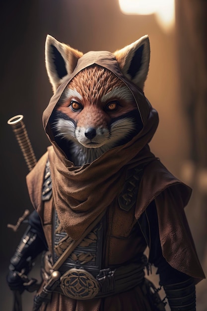 fox character wearing ninja style clothes, using samurai sword, ai creative