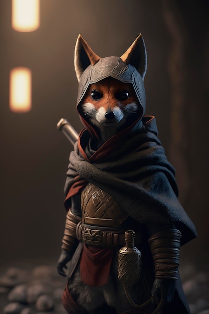 fox character wearing ninja style clothes, using samurai sword, ai creative