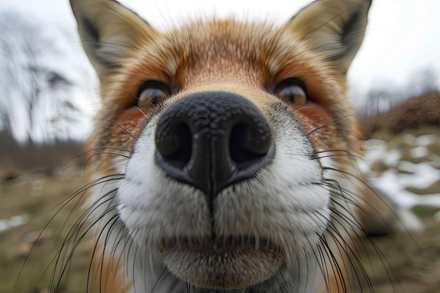 Fox Close Up Portrait Leuk dier dat in de camera kijkt Fox Nose Wide Angle Lens