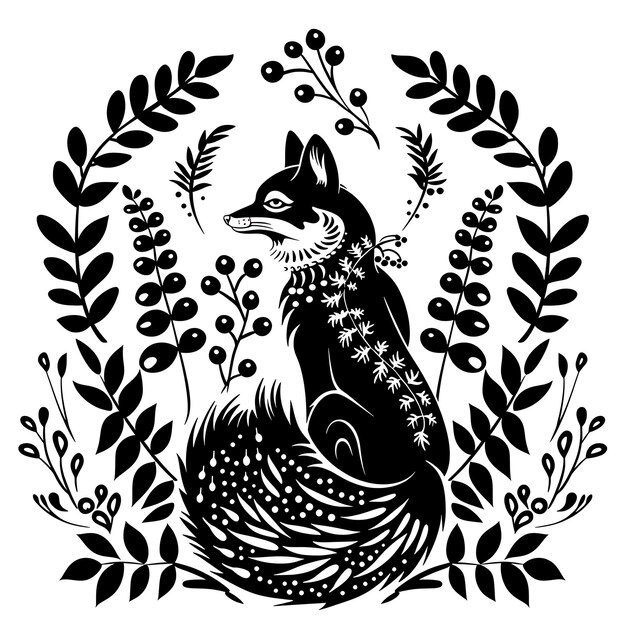 Fox CNC Cut Art With Berries and Ferns for Decorations Intertwi Tshirt Tattoo Print Art Design Ink