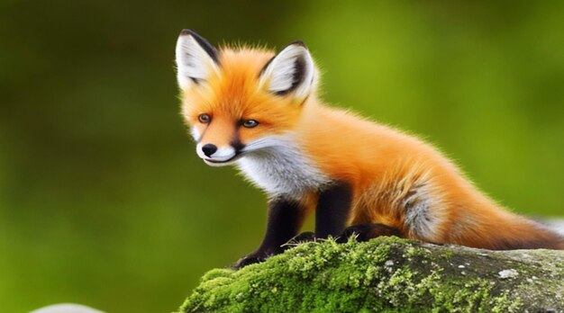 A fox cub perched atop a mossy boulder surveying its surroundings