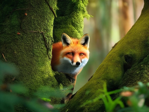 A fox cub perched atop a mossy boulder surveying its surroundings