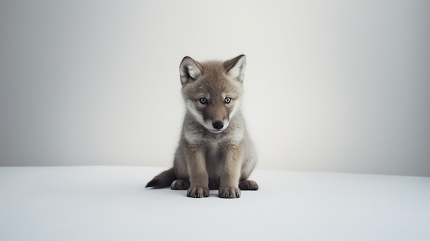 A fox cub sits on a white background.