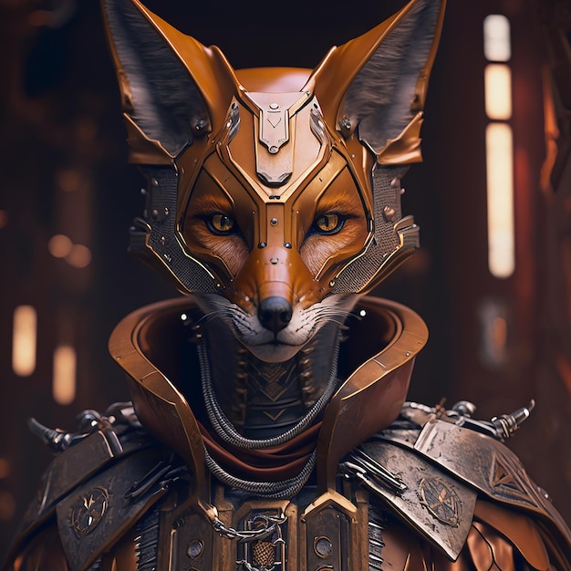 fox in cyberpunk futuristic robotic metal ancient rustic armour outfits
