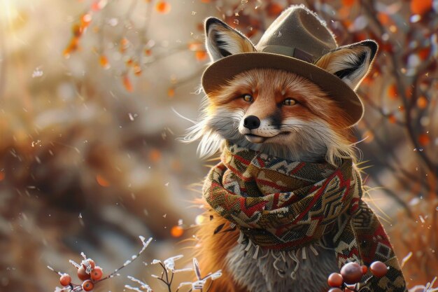 Photo a fox depicted in a painting wearing a stylish hat and cozy scarf exuding a whimsical