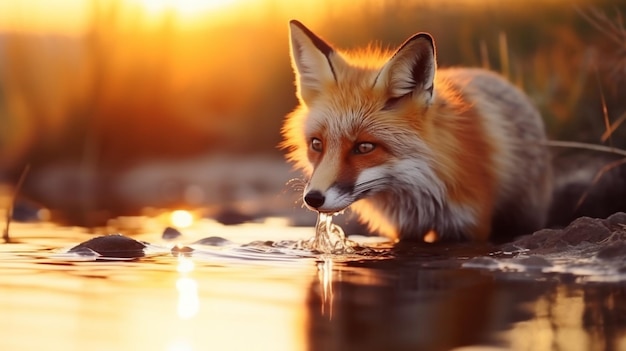 Photo fox drinking water animal cautiously picture ai generated art