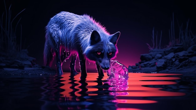 Photo fox drinking water neon light wall image ai generated art