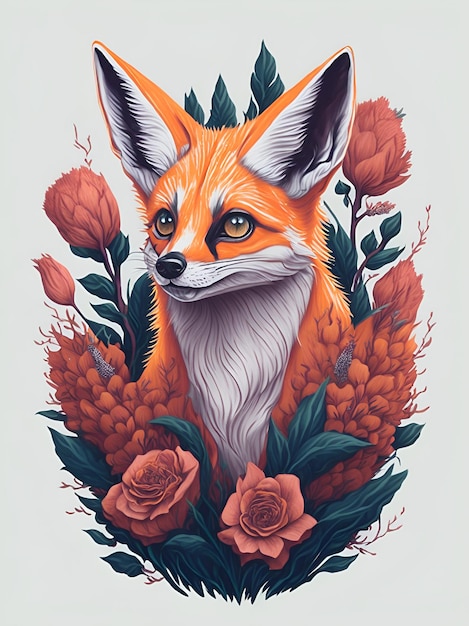 Fox fennec head with flowers AI generated illustration