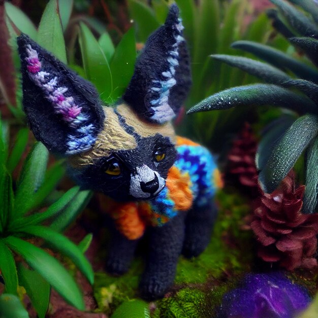 A fox figure is standing in a mossy forest with plants and plants.