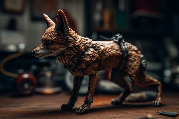 A fox figurine with a harness on it