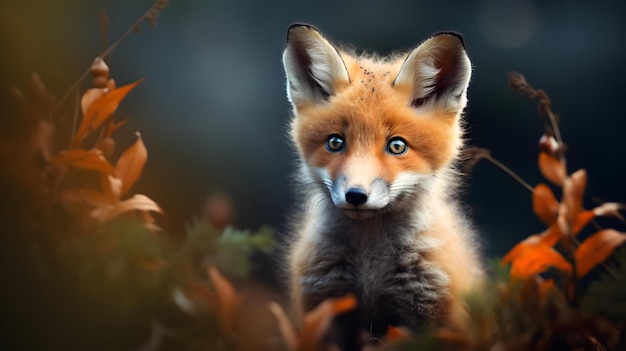 fox in the forest with autumn leaves