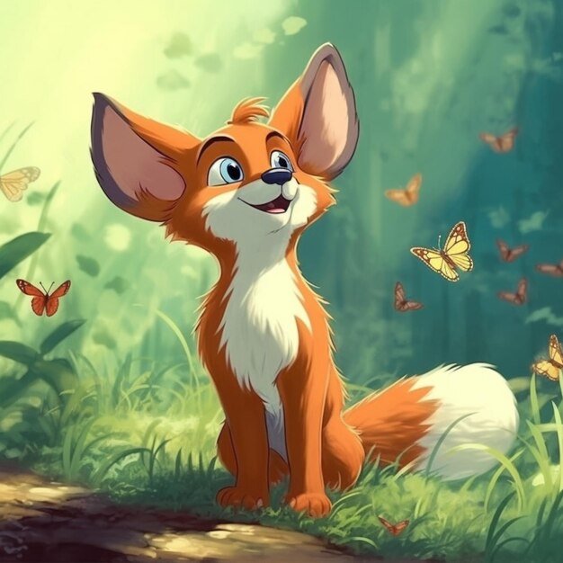 Fox in the forest with butterflies