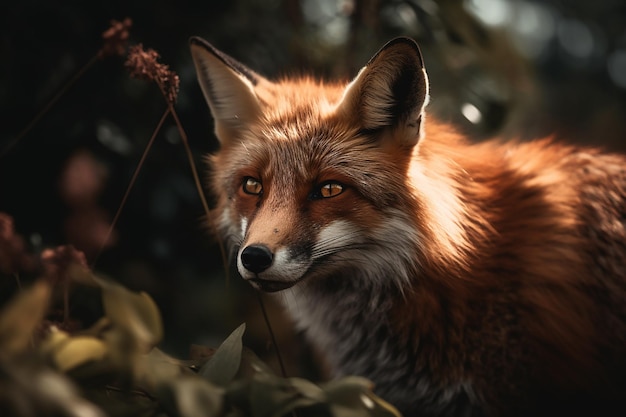 A fox in the forest with a green background