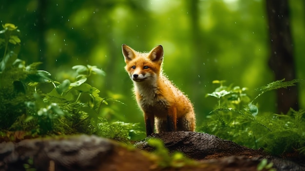 A fox in a forest with green leaves