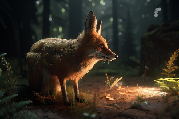 A fox in a forest with a light on it