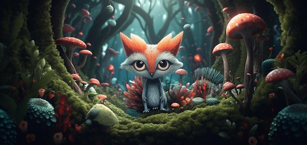 A fox in a forest with mushrooms