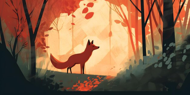 A fox in a forest with red leaves