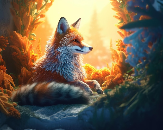 A fox in a forest with a sunset background