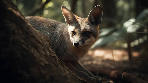 A fox in a forest with a tree in the background