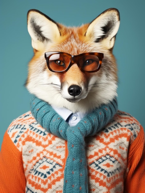Photo a fox in glasses and a winter sweater the concept blends animal traits with human fashion