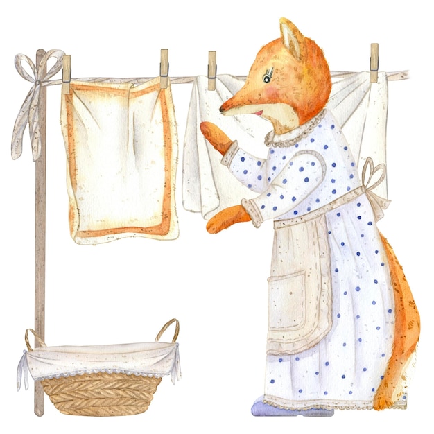 A fox hangs out on a clothesline and hangs a baby blanket.